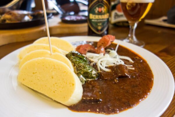 Best Food in Prague - Guláš Comes With Boiled Meat And Bread Pudding