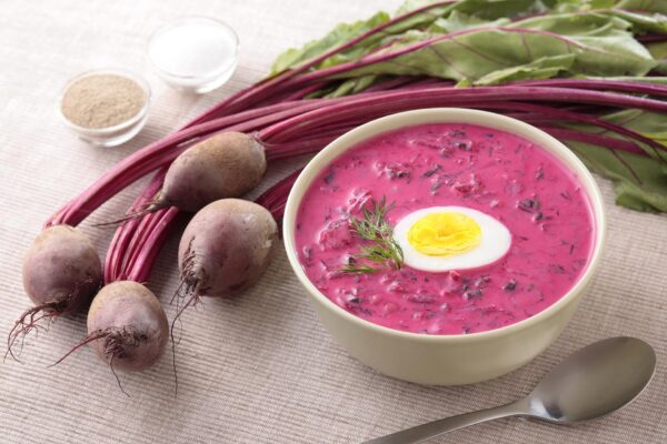 Travel Guide Poland - Chłodnik is A Pink Color Root Healthy Soup With Boiled Egg