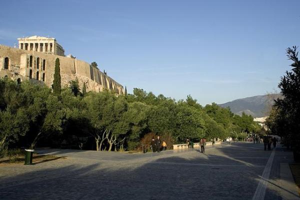 The Paved Dionysiou Areopagitou Street Where many People Walk and Enjoy Beautiful Greenery