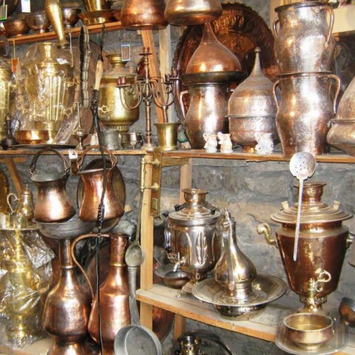 Handmade Copper Utensils in Azerbaijan Baku include Tea Pots, Cups and Old Style Samovars